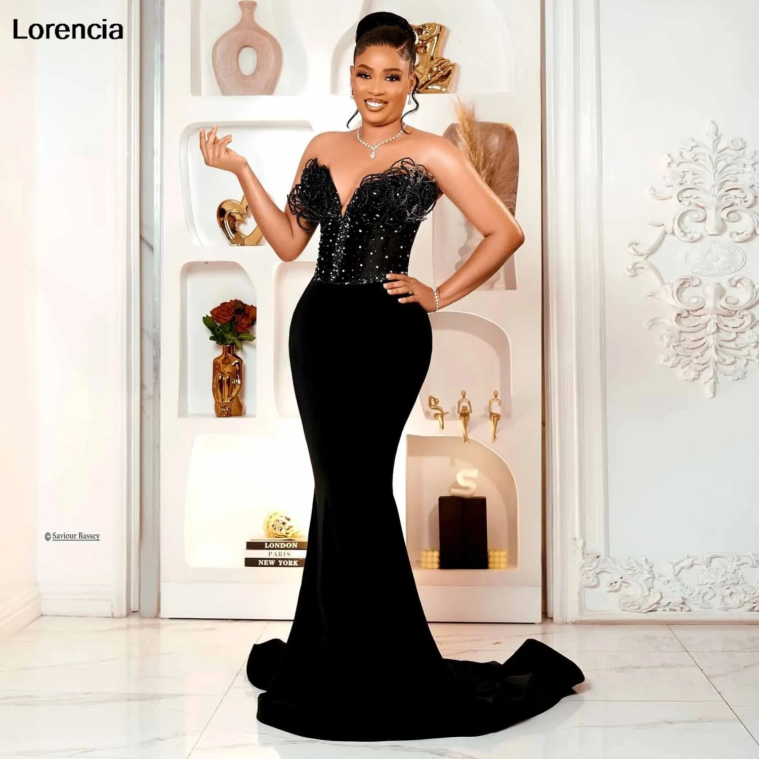 로렌시아 맞춤형 2025 아소 에비 스타일 블랙 벨벳 무도회 원피스, 밝은 구슬, 아프리카 인어 생일 원피스, 흑인 여성 YPD203