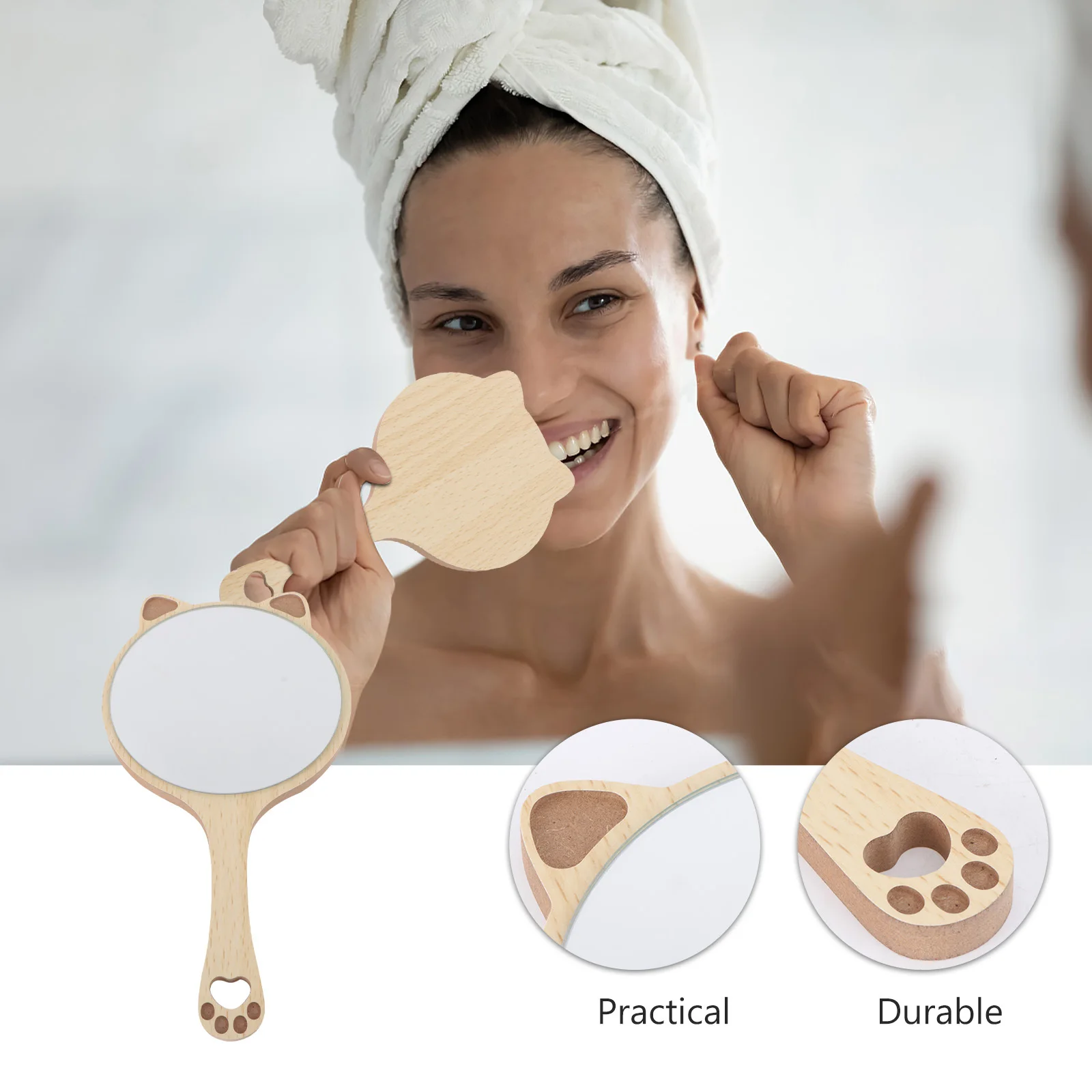 

Wooden Handheld Cat Ear Makeup Mirror Compact Lightweight Portable Mirror Travel Makeup Tool for