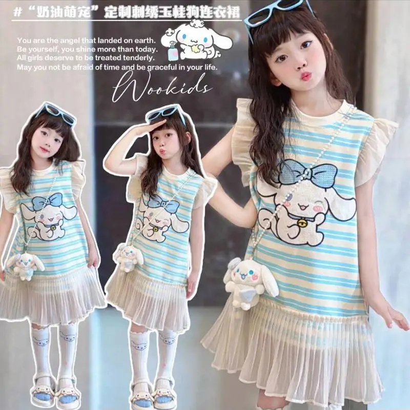 Robe d'été Cinnamoroll Kawaii pour filles, jupe de princesse mignonne et douce, jupe en gaze pour enfants, cadeau de vêtements pour enfants, mode