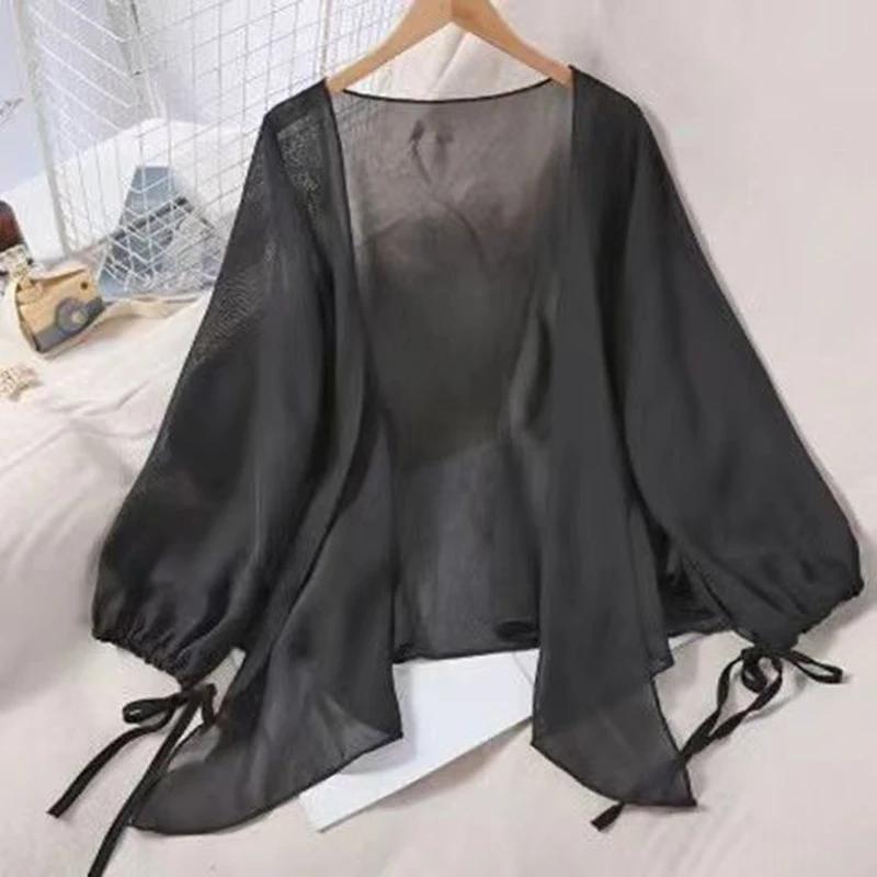 Women Chiffon Shirt Summer Fashion White Long Sleeve Sun Protection Cardigan Korean All Match Casual Chic Thin Female Tops New