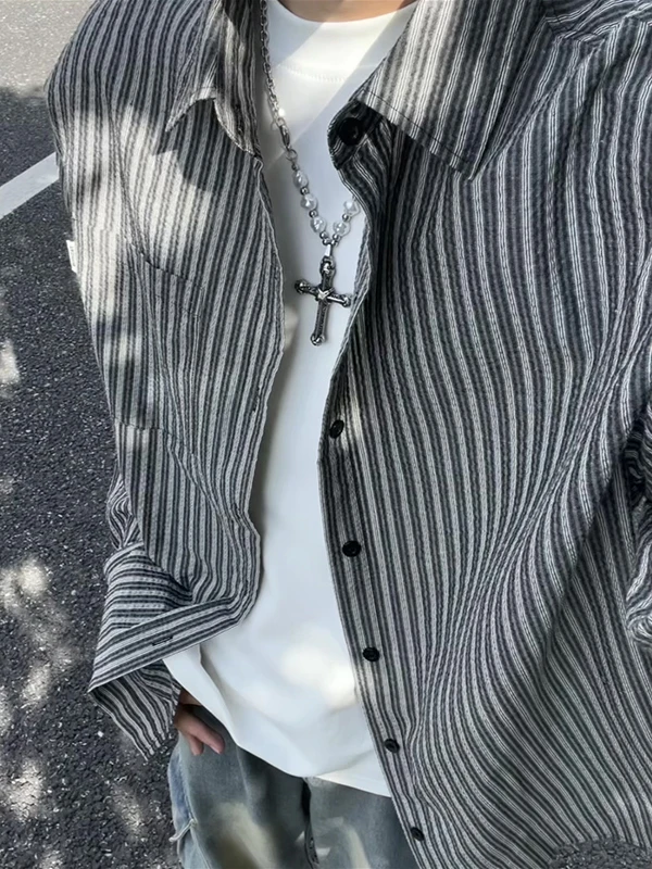 

Мужская полосатая длинная одежда Cleanfit свободного покроя с защитой от солнца High Street Sle, осенняя верхняя одежда, повседневная одежда из хлопка и полиэстера...