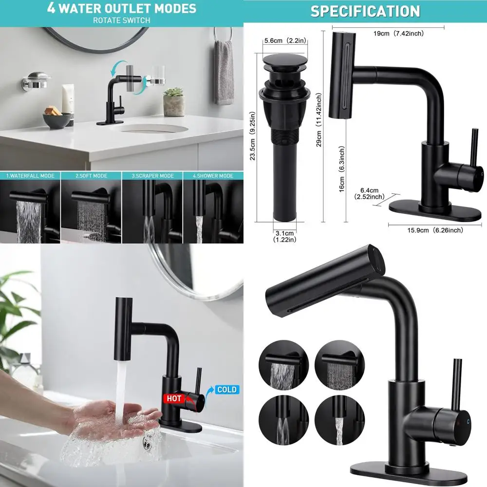 

4-Mode Pull-Down Spray Matte Black Single Handle Faucet with Pop-Up Drain for Bathroom Sink and Laundry Basin