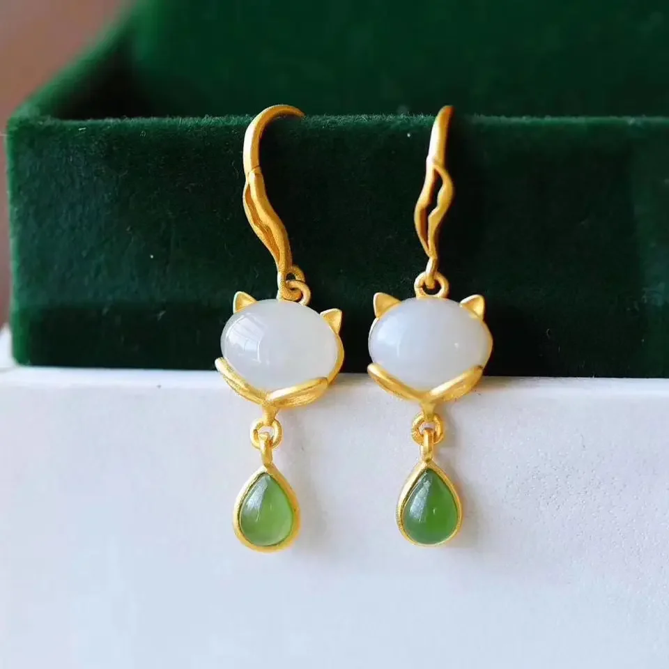 

Jade Fox Earrings Women Stone Gifts Gift Charm Gemstone White Gemstones Energy Jewelry Chinese Vintage Natural 925 Silver