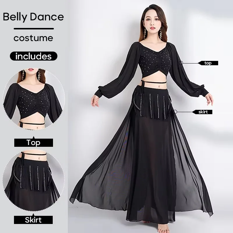 Women Belly Dance Costume Skirt & Top 2 Pcs Set Long Sleeves Fringe Skirt Outfit for Adult Stage Performance Wear