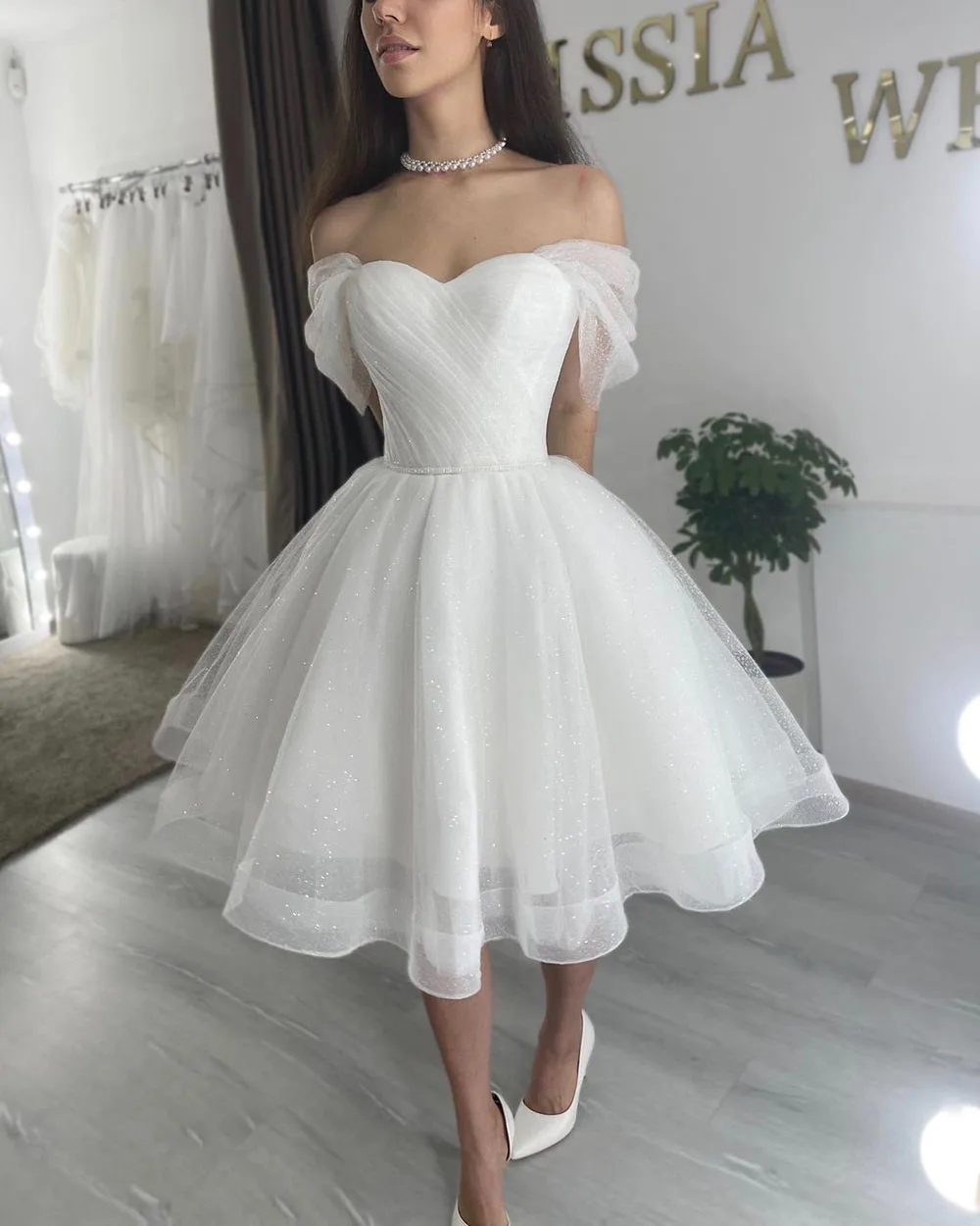 Msikoods Short Wedding Dresses Off The Shoulder Glitter Tulle Pleats Bridal Gown Lace Up Wedding Party Dress Vestidos De Noiva