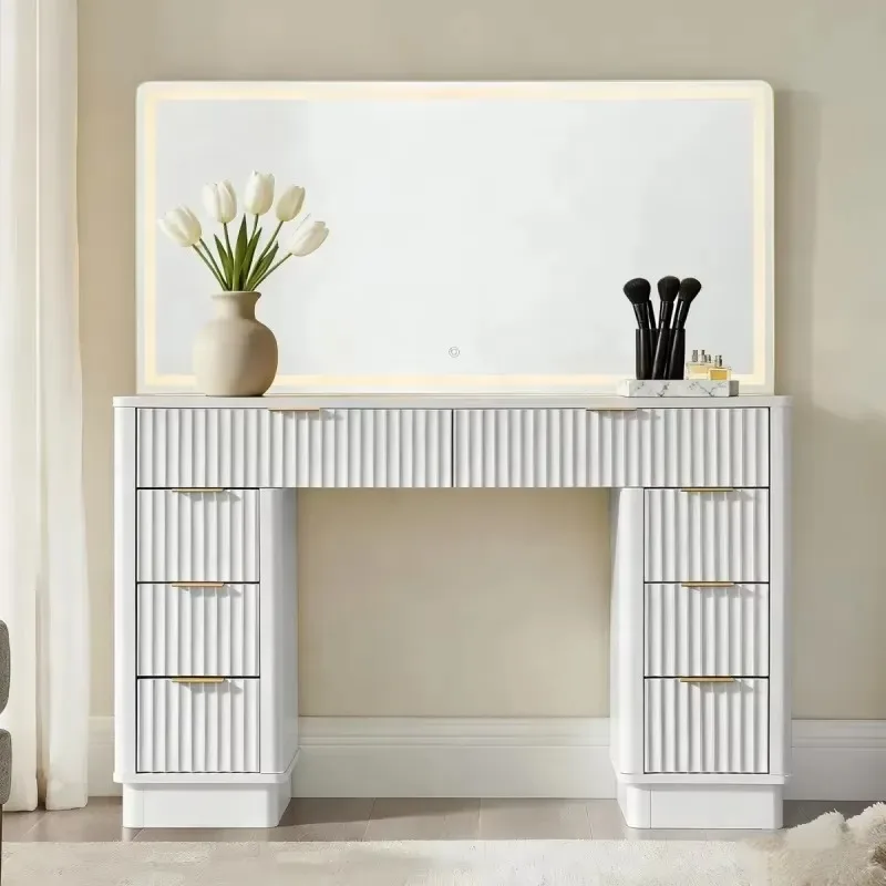 Modern Home Furniture, Textured Groove Dresser Set, Tempered Glass Countertop LED Light Mirror, Silent Drawer, Large