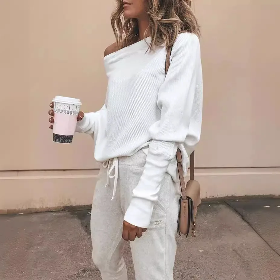 2025 ملابس نسائية جديدة الخريف والشتاء الخفافيش بأكمام طويلة كلمة واحدة تي شيرت بياقة أعلى الأوروبية والأمريكية #3