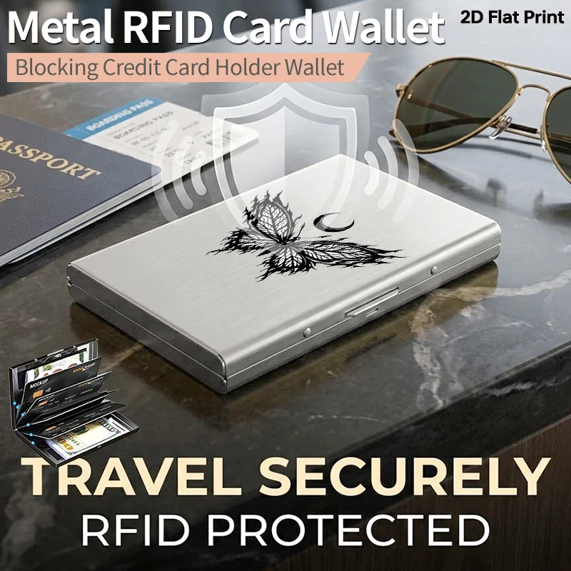 

RFID Blocking Slim Metal Wallet Gothic Butterfly Crescent Moon Pattern Pop Up Card Holder for Men Women Minimalist Metal Credit