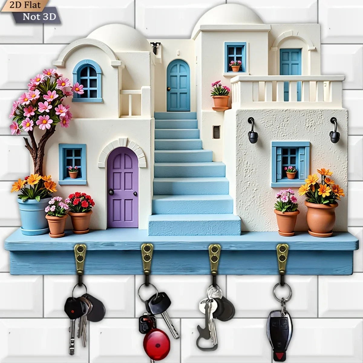 2D Flat, 1pc, Santorini Blue And White Town Theme Key Hook, Wooden Multifunctional Home Key Holder with Four Metal Hooks,