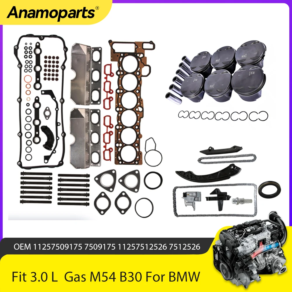 Engine Parts Full Gasket Set Timing Chain Piston Bolts Kit Fit 3.0 L Gas L6 M54 B30 for BMW X3 X5 Z4 330Ci 530i 330i 01-06 3.0L