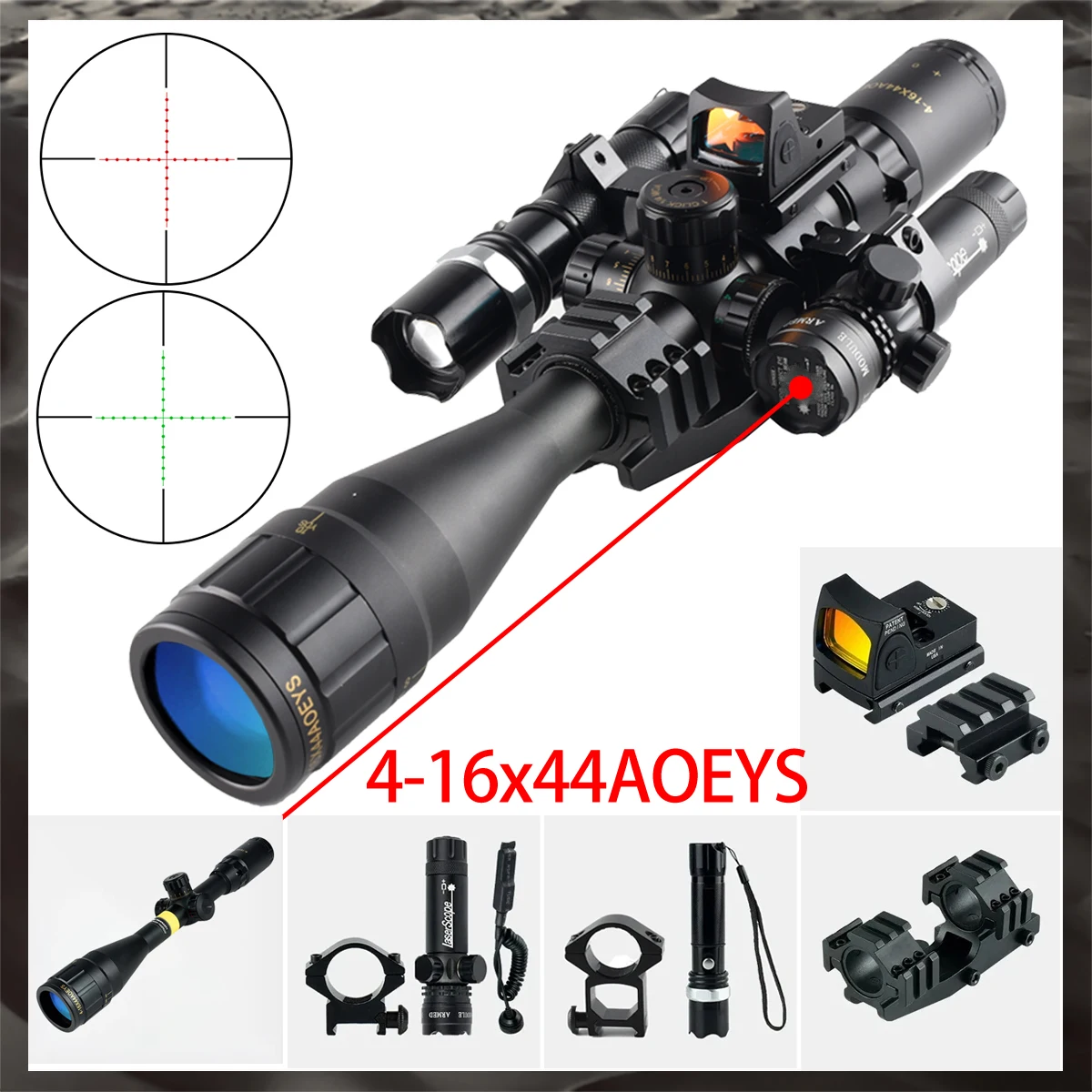 

4-16x44AOEYS Tactical RifleScope Hunting Shooting Optic Sight Red/green Laser and Flashlight Combo Scopes Sniper Rifle Scope