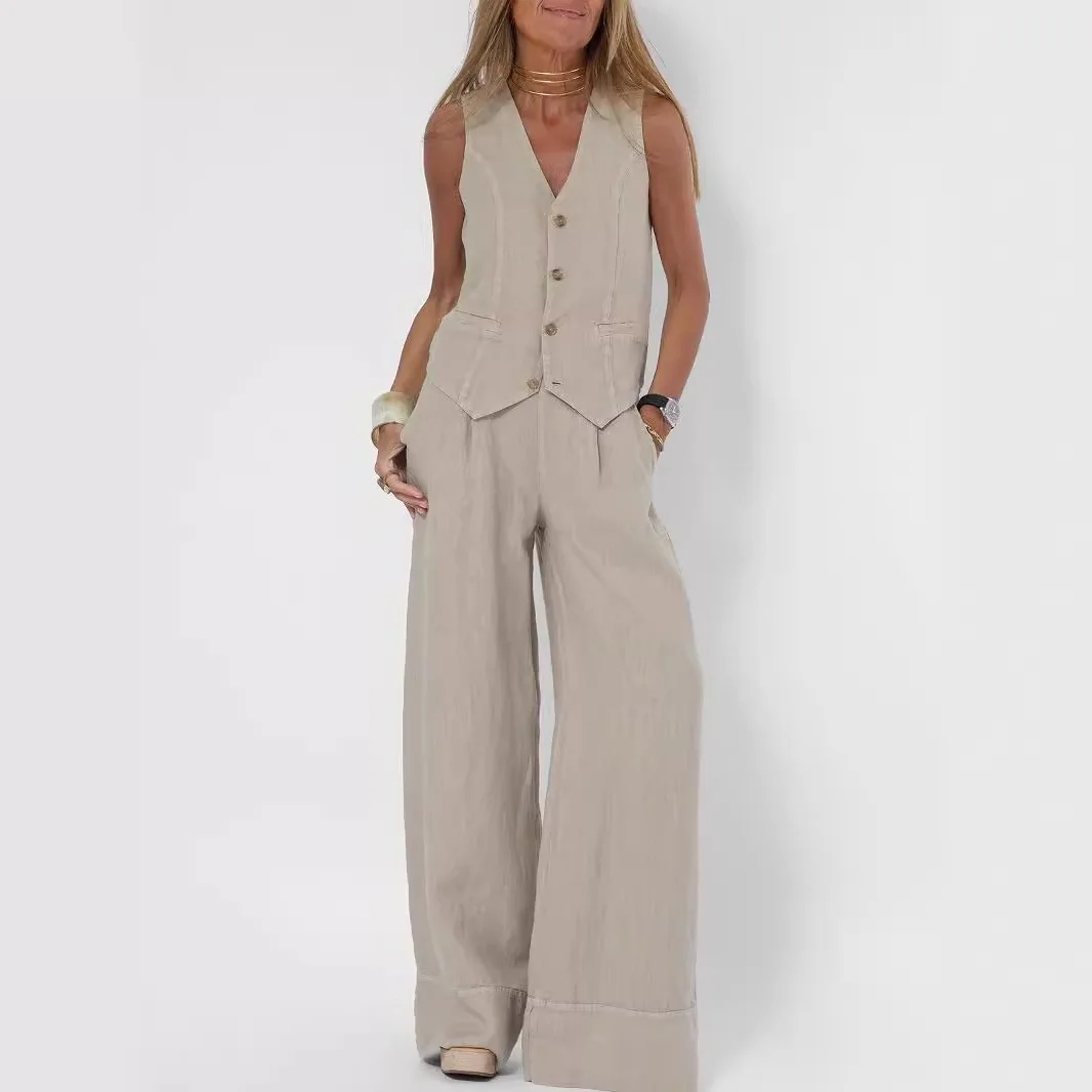 

2026 New Fashion Button Vest + Wide Leg Pants Two-piece Sets Women Summer Casual Loose Top Long Pants Body Suit For Women