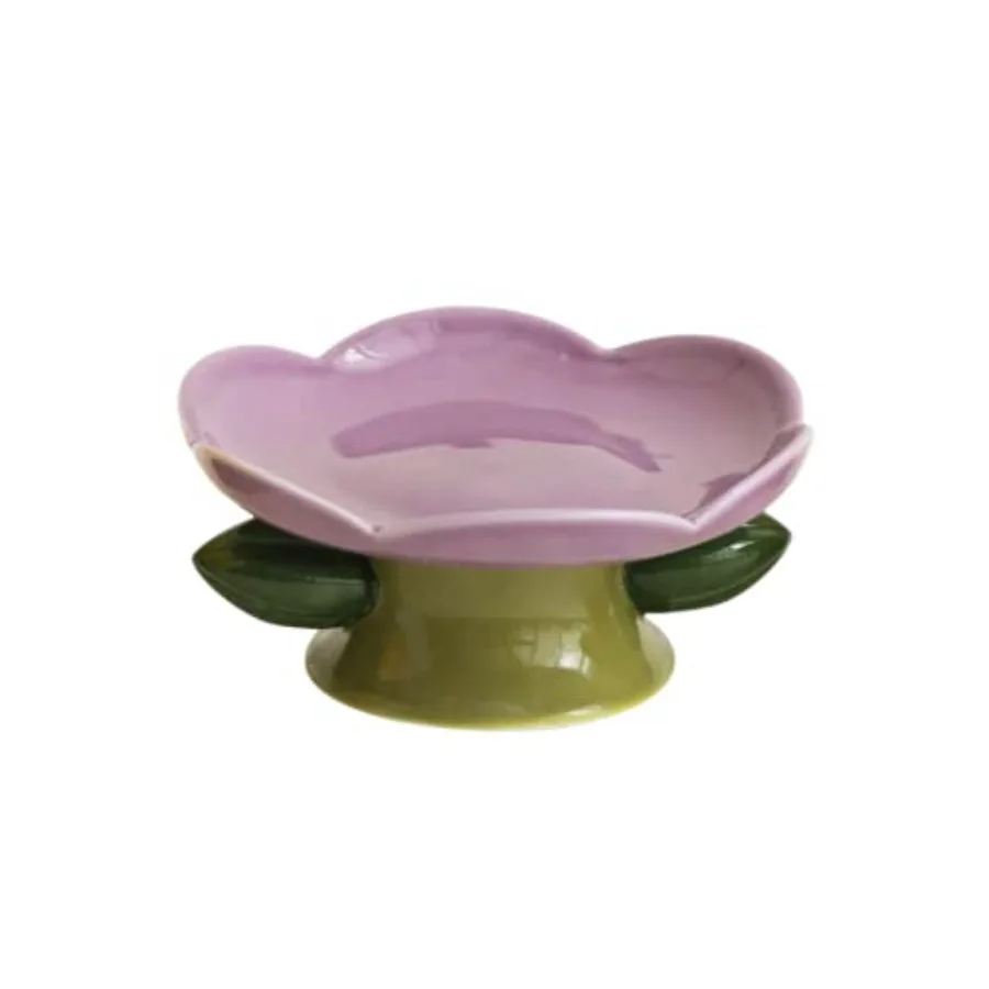

Raised Cat Bowls, Ceramic Flower Dish, Elevated Cat Food Bowls for Spine and Whisker Protection - Purple