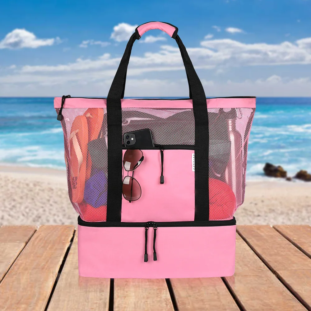 

Mesh Insulated Beach Tote Bag Large Capacity Transparent Picnic Bag Camping Travel Swimming Gear Multi-Purpose Warm Beach Bag