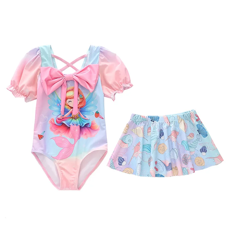 

HappyFlute Princess Style Two Piece Sets Short Sleeve With Skirt Sunscreen Mermaid Prints Travel Swimsuit