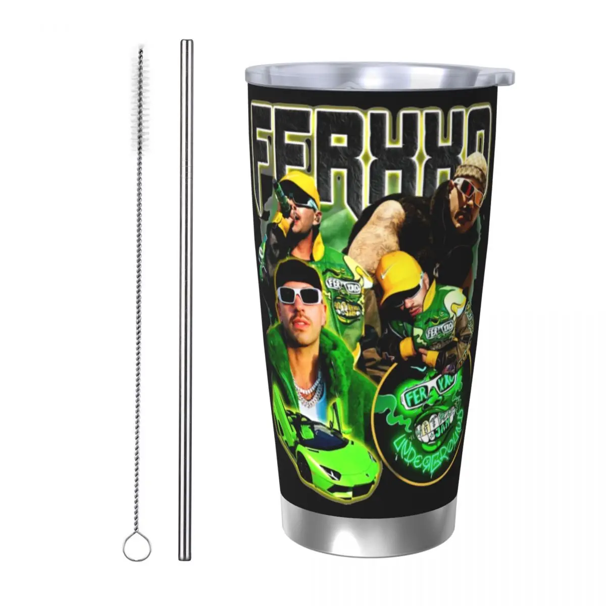 

Feid Ferxxo Green Tour Стакан с вакуумной изоляцией, рэперские кофейные чашки 90-х годов, кружка из нержавеющей стали для офиса и дома, горячий и холодный напиток, 20 унций