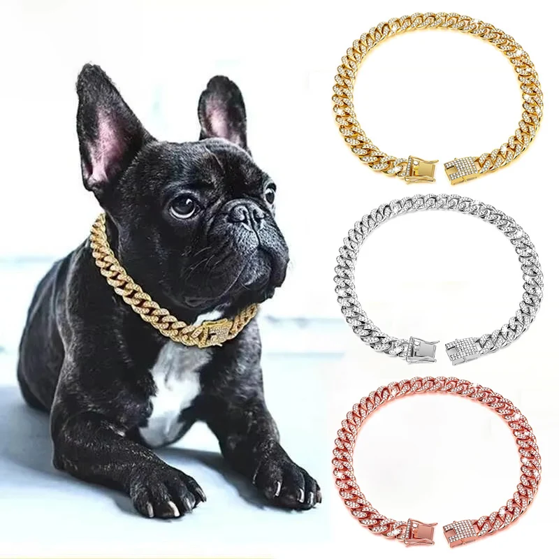 

Luxury Cuban Link Dog Collar with Safety Buckle Anti-Rust Durable Rhinestone Pet Necklace for Daily Walking & Party Decoration