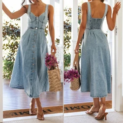 Abito da donna Abiti lunghi in denim Sling senza maniche con scollo a V Elegante giuntura monopetto Slim Fit a vita alta Abiti senza schienale