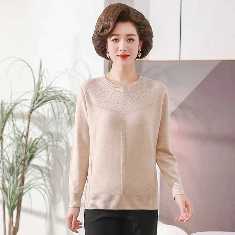 Retro Basic Sweaters For Women O Neck Knitted Grandma Pullovers Autumn Winter Warm Tops Middle Aged Mother Knitwear Jumper