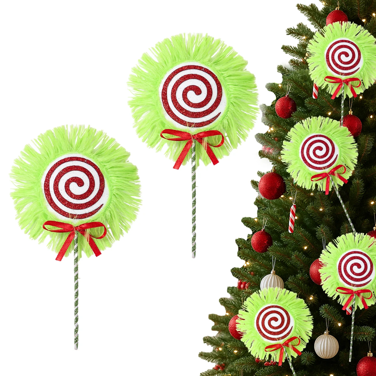 2 Stück Weihnachtsbaum-Dekoration, Plüsch, grüne Süßigkeiten-Krone, hängende Dekorationen, Urlaub, Party, Geschenke, Weihnachtsdekoration für Zuhause