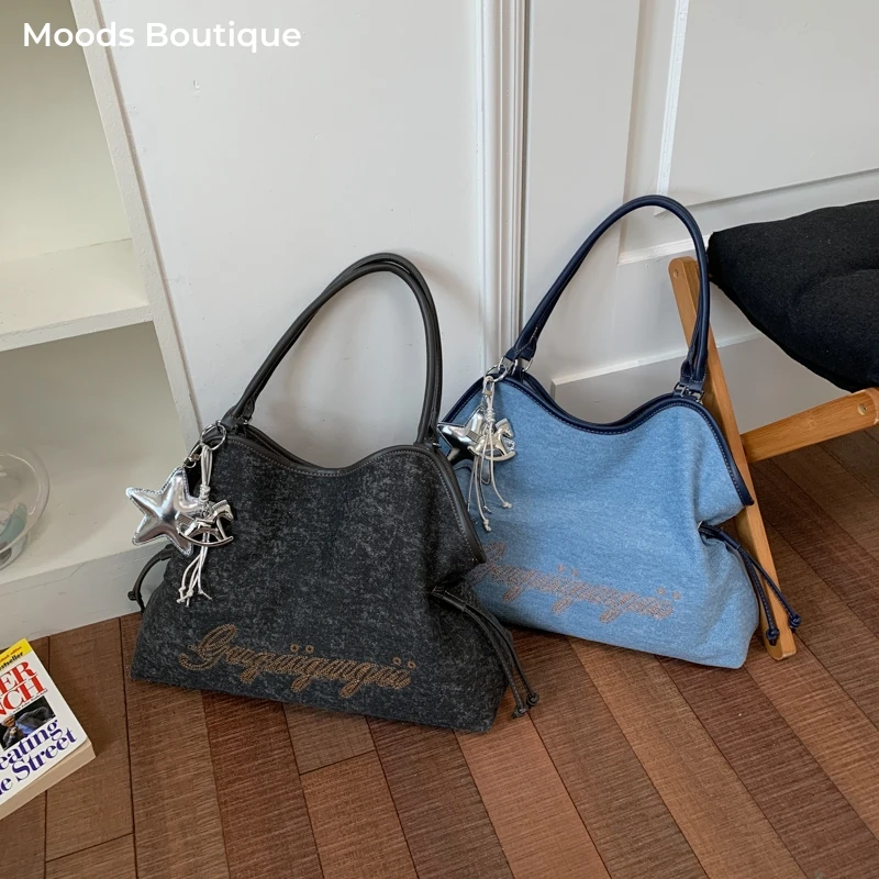 

2026 Summer Casual Underarm Shoulder Bags For Women Letter Embroidery Denim Fabric Drawstring Bucket Large Capacity Shopper Tote