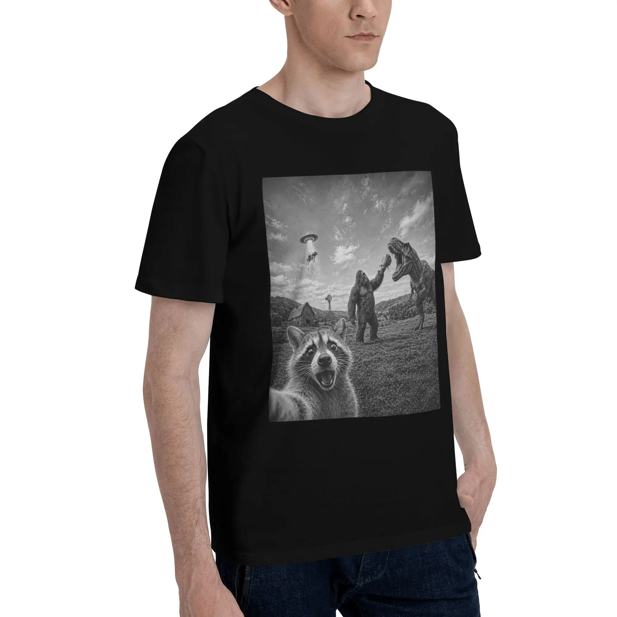 New Arrival Funny Bigfoot Ride Dinosaur Raccoon T Shirt For Unisex  Cotton Tee Shirt Short Sleeve Clothes
