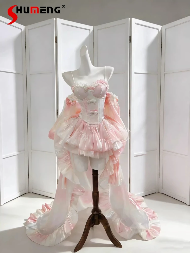 

Birthday Party Pink Lolita Dress for Women Summer Women Slim Sweet Elegant Tub Top Skirt Long Trailing Suit Lady Bodycon Dress