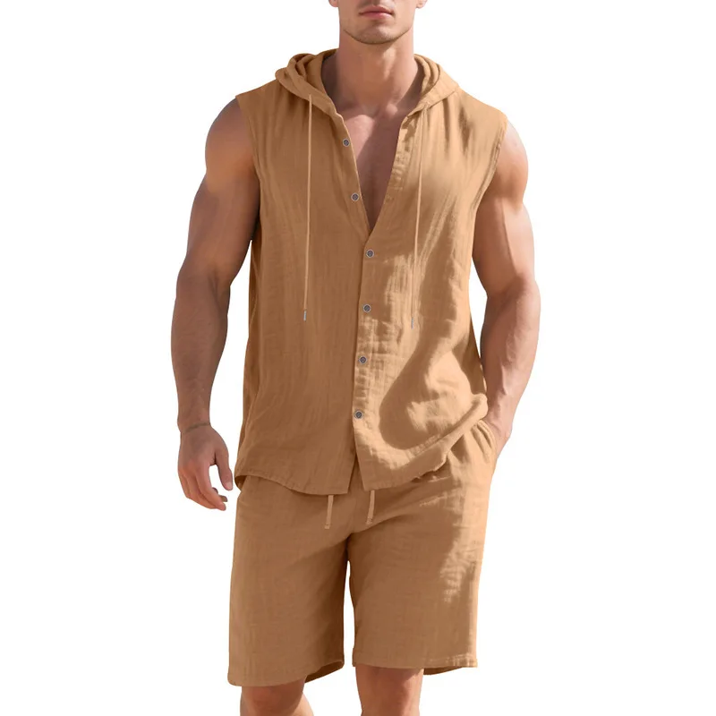 Conjunto de Dos Piezas de Camisa sin Mangas con Capucha y Pantalones Cortos de Lino, Estilo Casual y Minimalista para Verano, Traje con Capucha para Hombre