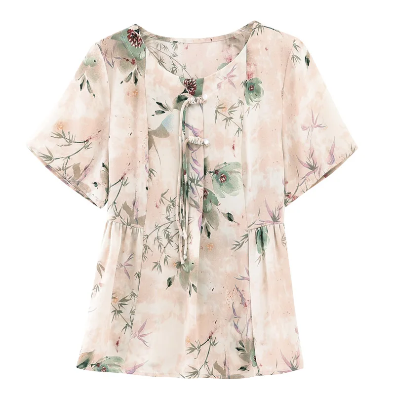 Summer Fashion Floral Print O-neck Short Sleeve Blouses Women Casual Loose Bandage Chiffon Shirts Elegant Chic Tops M-4XL