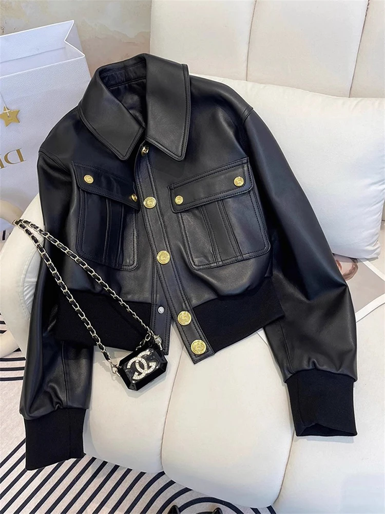 

Jackets for Women Faux Leather Turn-down Collar Single Breasted Casual Coat 2025 New Solid Long Sleeve Female Jacket