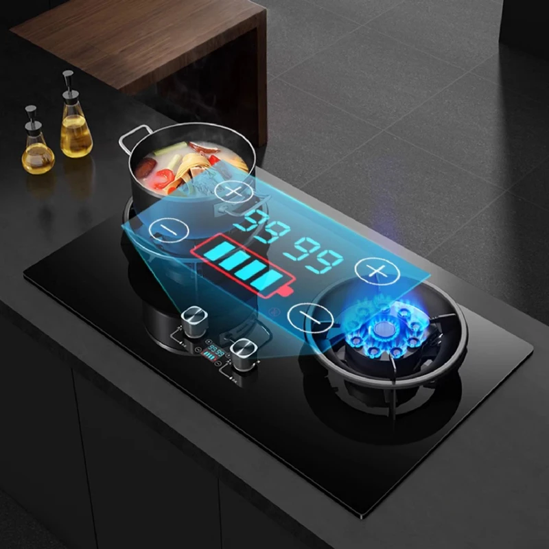 Estufa de gas con tapa abatible, cocinas de gas inteligentes GLP, batería superior de vidrio, estufa de gas de 2 quemadores para cocina