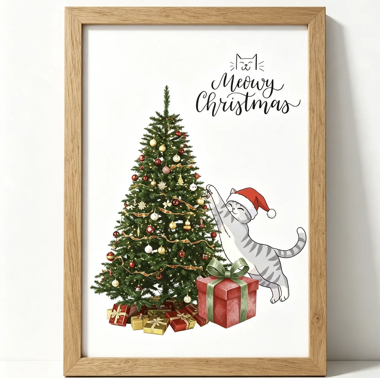 1pc frameless Canvas Painting Meowy Christmas Santa Hat Tabby Cat & Xmas Tree Wall Art Canvas Prints Posters, Cute Kitty Art, Ho