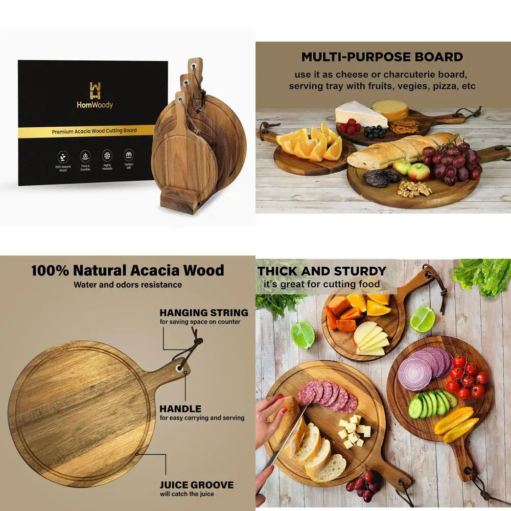 

Set of 3 Acacia Wood Boards with Handle - Cheese & Charcuterie Boards, Kitchen Chopping Tools