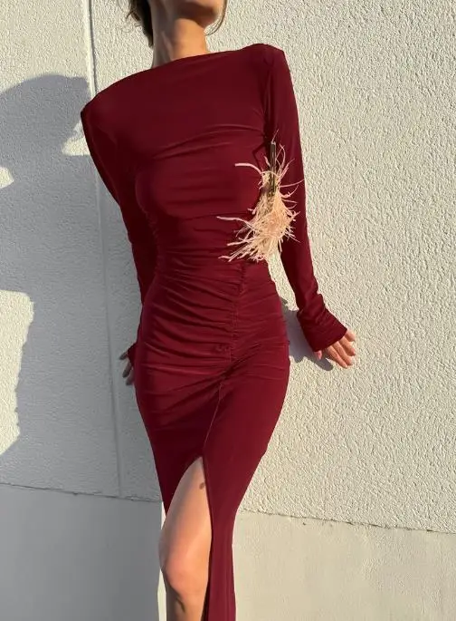 

Autumn Temperament Sexy Big Exposed Backpack Hip Dress for Women Sexy Slim Fit Pleated Design Slit Long Sleeved Dress