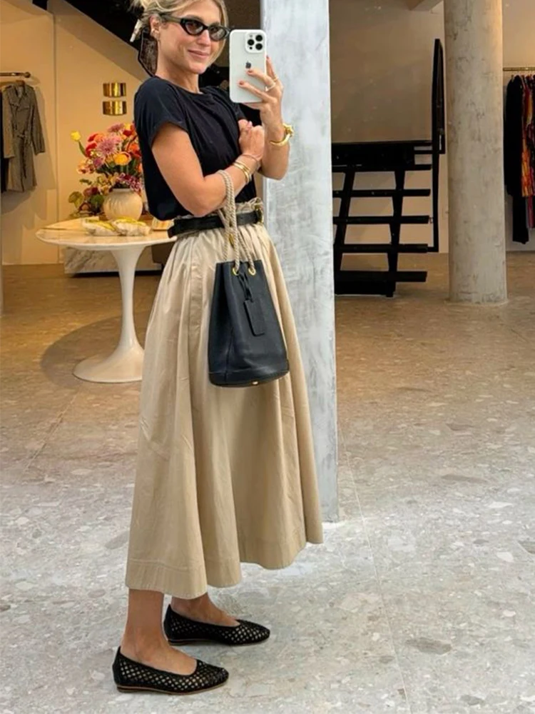 Women\'s Fashion Pleated Long Skirts Solid Black Wide Swing Vintage Chic Female High Waist Elegant A-line Long Skirt Casual