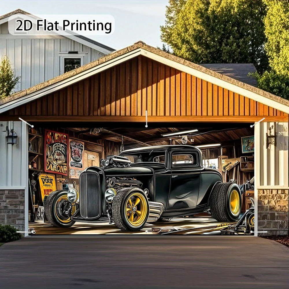 2D flat banner, 1 piece of retro-modified car garage door decoration, suitable for family celebrations and social gatheringsDJH