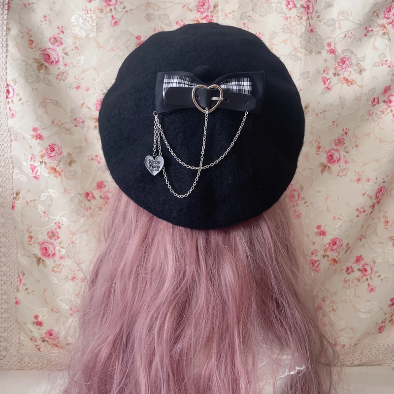 Janpanese Bow Beret Sweet Cool Hot Girl Black Berets Caps for Women Autumn and Winter Beret