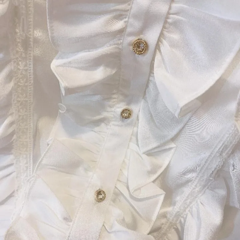 2026  Spring New Nail Bead Ruffle Edge Loose Temperament Commuting Shirt Court Style Chiffon Shirt Autumn Top Women's Clothing