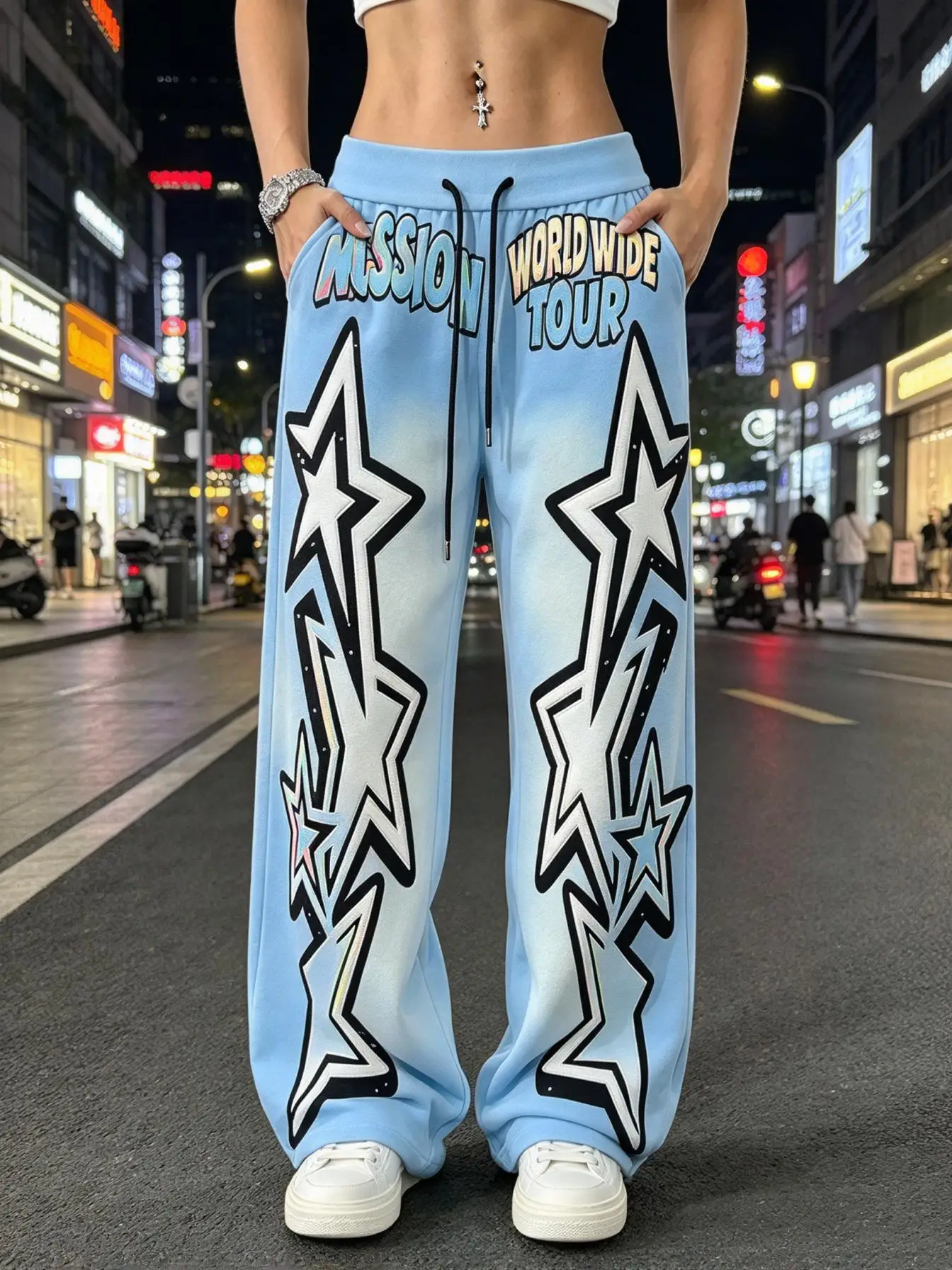 Women Low Waist Wide Leg Sweatpants Y2K Gradient Star Letter Graphic Print Elastic Drawstring Casual Trousers With Pockets