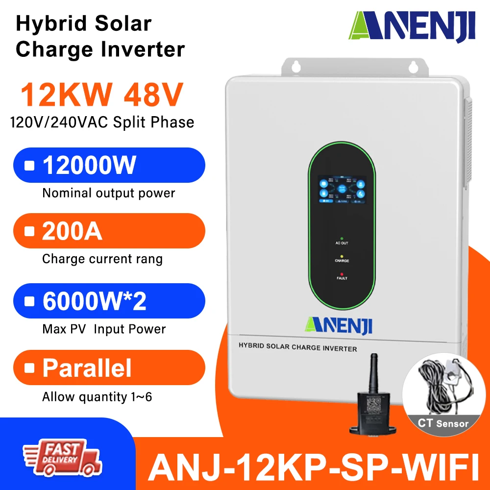 ANENJI 12KW 110V Hybrid Solar Inverter Pure Sine Ware Parallel For PV 90-500Vdc Built-in 2* MPPT Supports WiFi