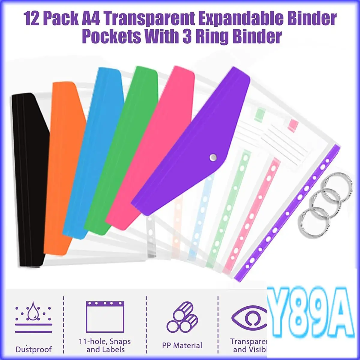 GO-12 Uds. Sobres expandibles de bolsillo para carpeta A4, sobres de plástico transparente para carpeta de anillas, botón a presión