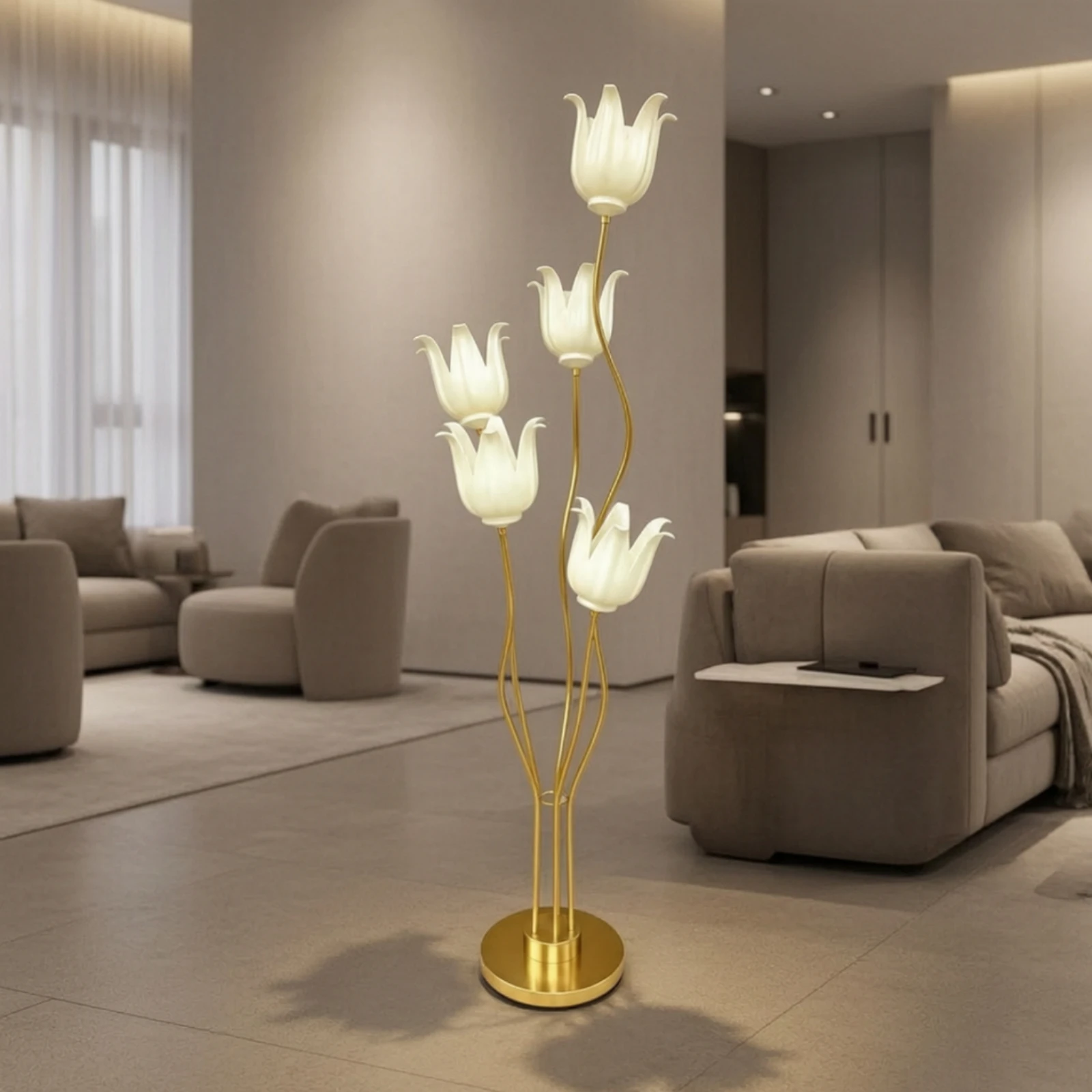 Flower Shade Standing Lamp with Curved Branches Freestanding Floral Arrangement Lamp with Weighted Base Translucent Shades