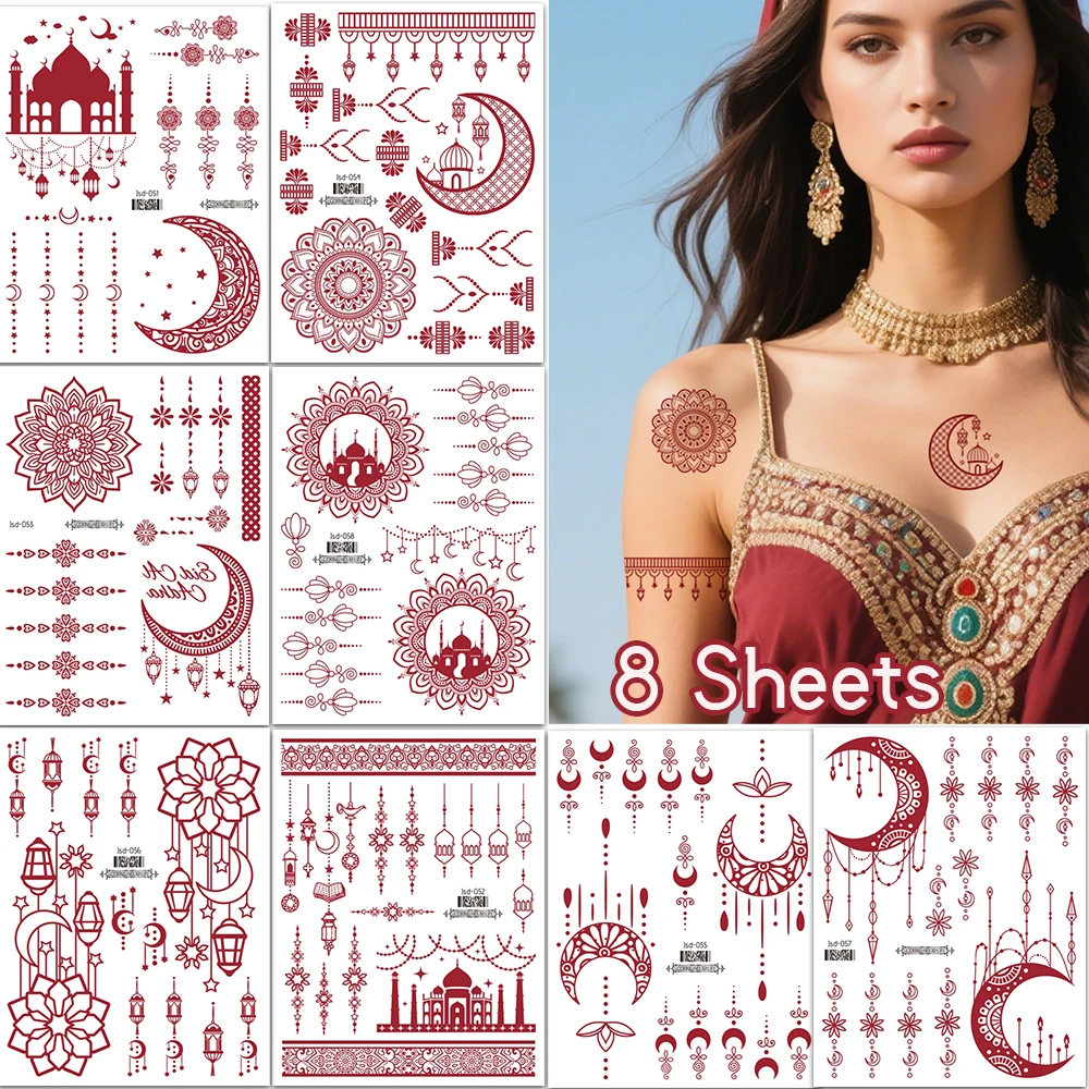 

8 шт. красные, коричневые временные татуировки на Рамадан-наклейки-водостойкие наклейки на палец со звездой и луной, женский боди-арт, арабский стиль