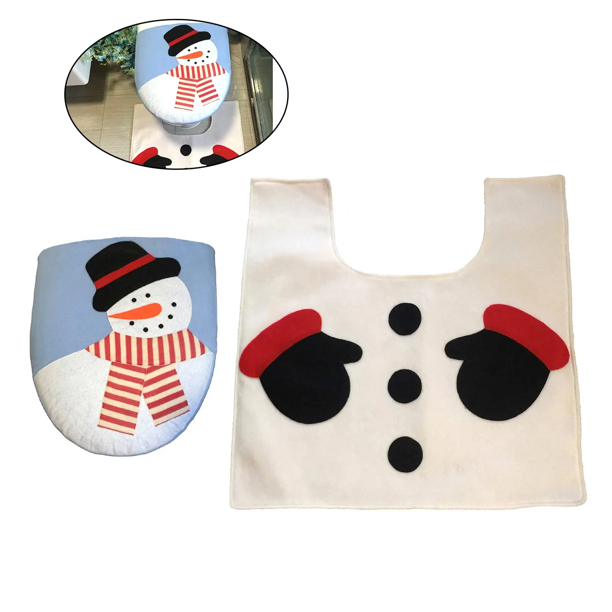

2 Pcs Toilet Cover Foot Pad Set Floor Carpet Mat Lid Bathroom Christmas Snowman Mats
