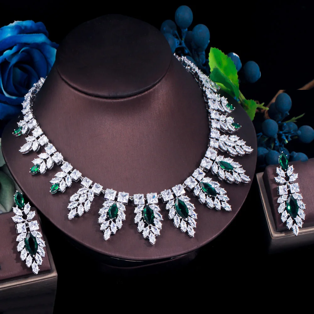 ThreeGraces Green White Cubic Zirconia Stone Luxurious Big Necklace and Earrings Bridal Wedding Prom Jewelry Set for Women TZ849