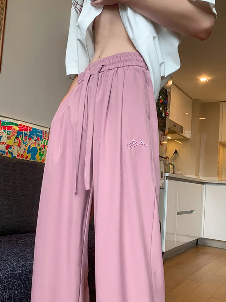 

Pink Embroidered Ice Silk Casual Pants Men's Summer Thin Straight Drape Cool Qui Dry Paratrooper Wide Leg Casual Long Trousers