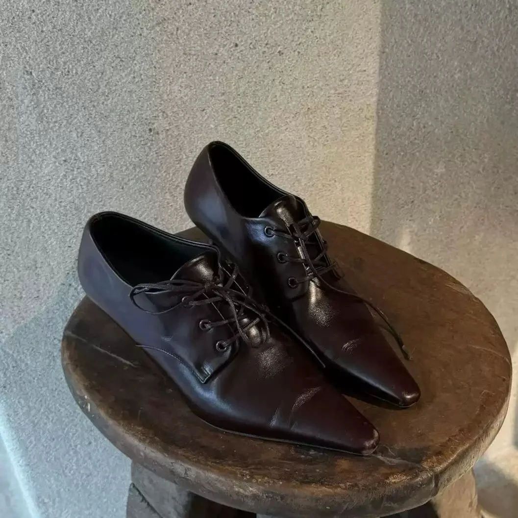 Women's Leather Pointed Toe Lace-Up Oxfords Minimalist Retro Block Heel Pumps for Office Daily Wear Elegant Vintage Occasions