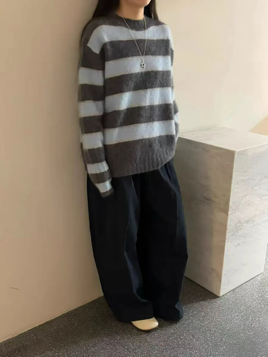 سترة نسائية محبوكة فضفاضة مستديرة Ne شريطية اللون Blo Dongdaemun Sle لينة مريحة كسول بلوزة الخريف Faion السيدات تريكو #4