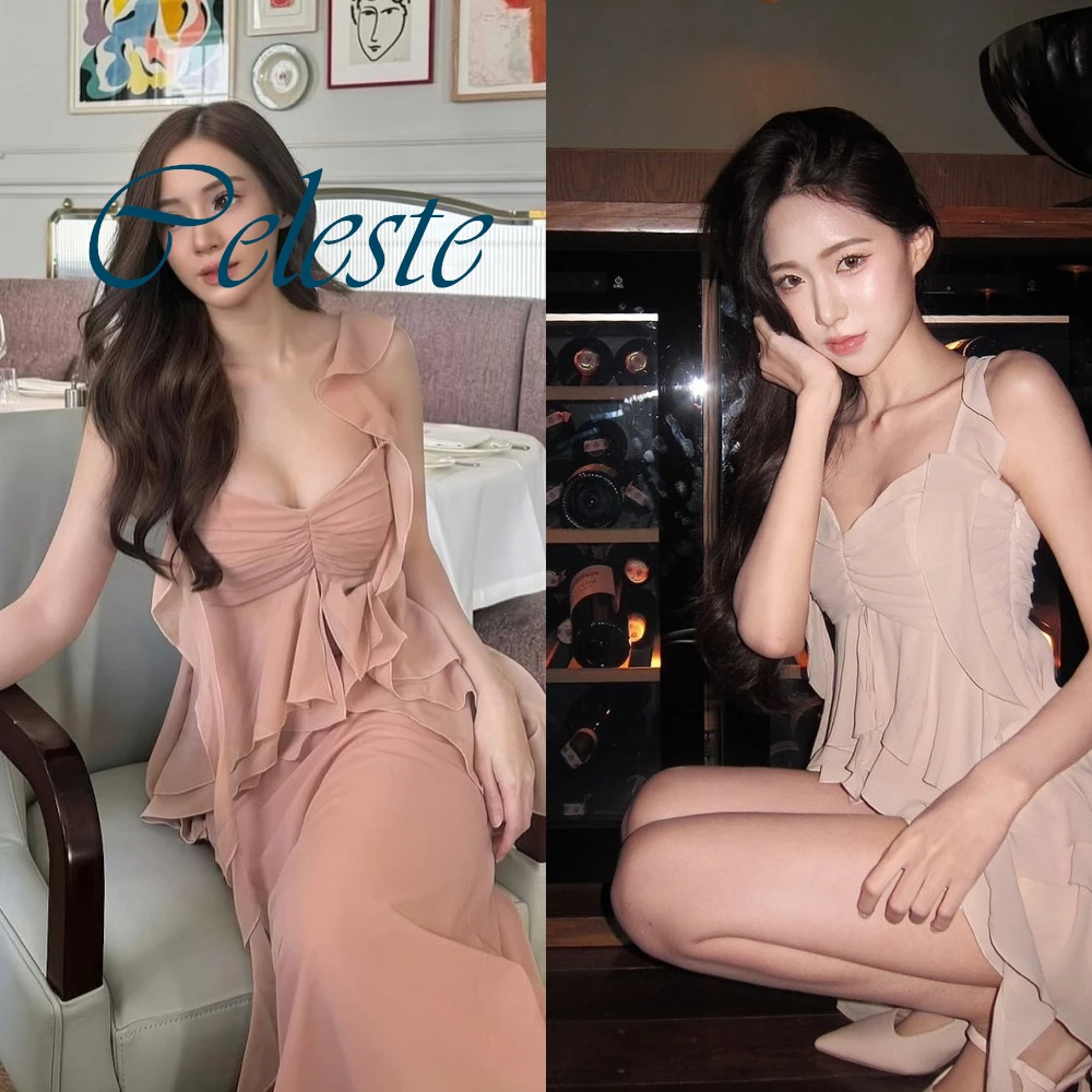 Customized Asymmetrical Side Slit  Evening Dress Spaghetti Straps Chiffon Homecoming Dress  Fashion  Celebrity Gowns