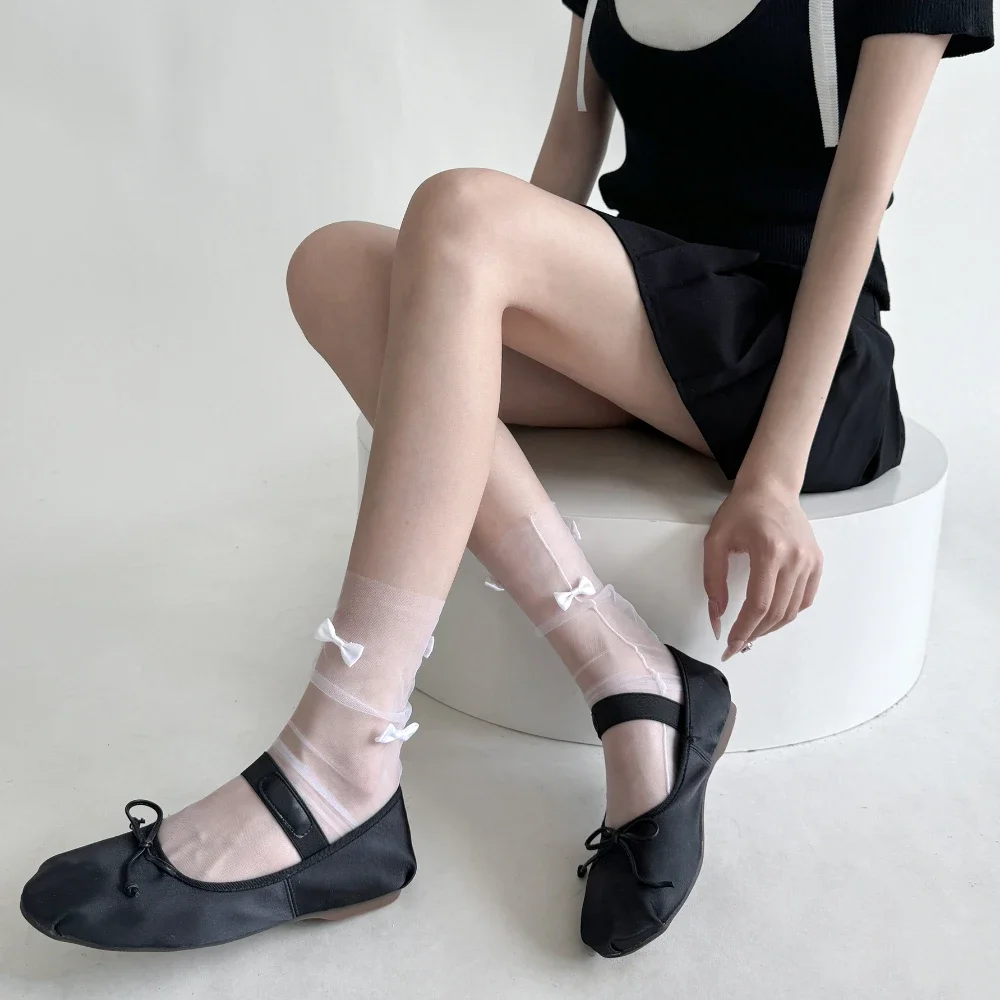 Women Socks Summer Ultra-thin Transparent Solid Color Loose Long Socks Cute Bow Lolita Sweet Girls Kawaii Cute Mesh Lace Socks